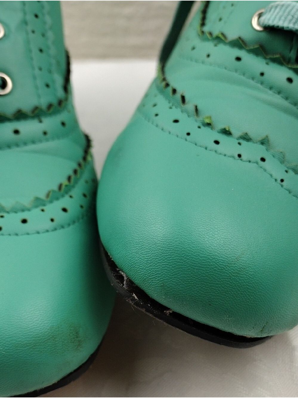 Machi Coca-01 Teal Leather Lace Up Scalloped Upper Heeled 1930 Style Oxford Shoe - Picture 15 of 16